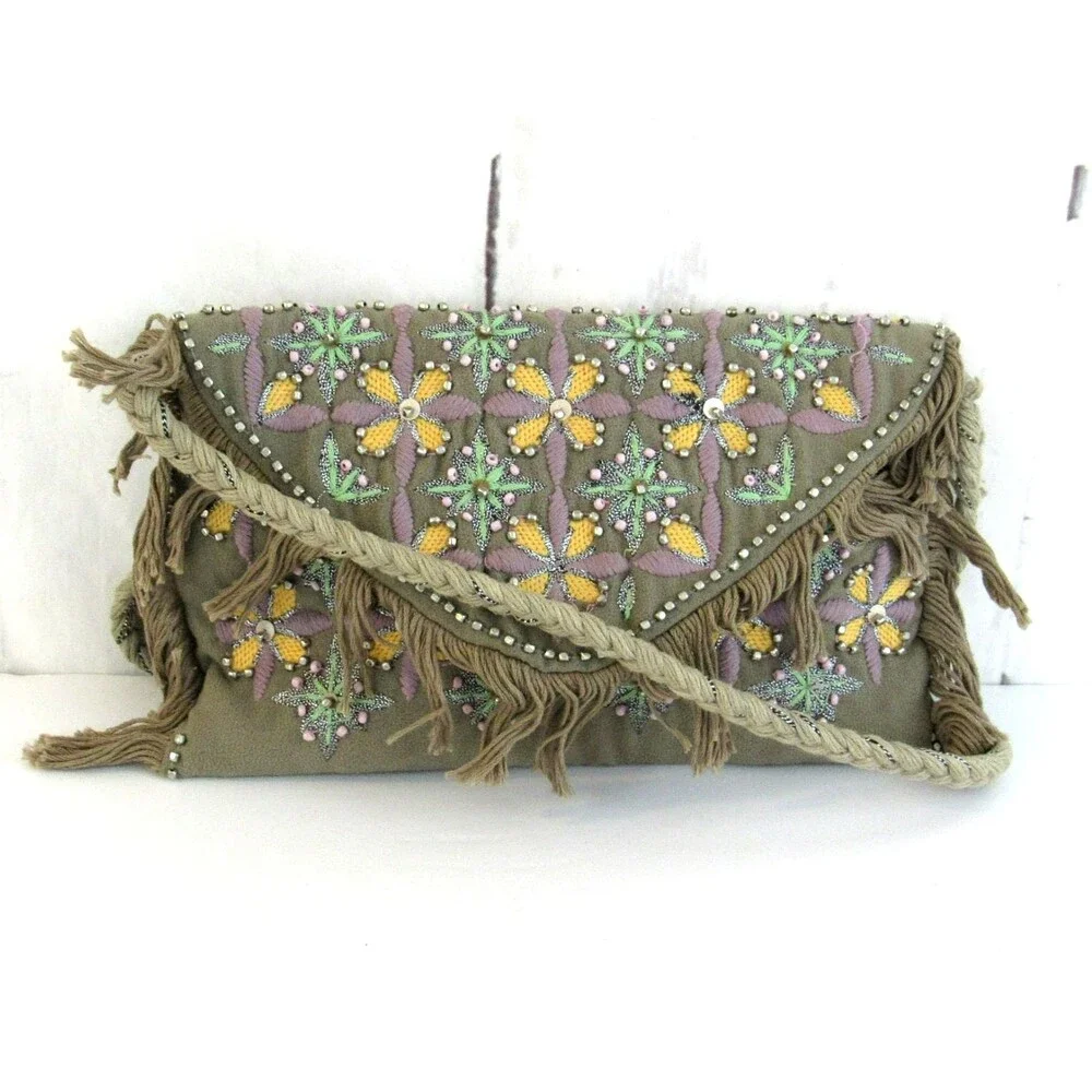 Embroidered And Beaded Tan Crossbody Bag Fringe Made in India 70's Inspired Boho - Picture 2 of 10